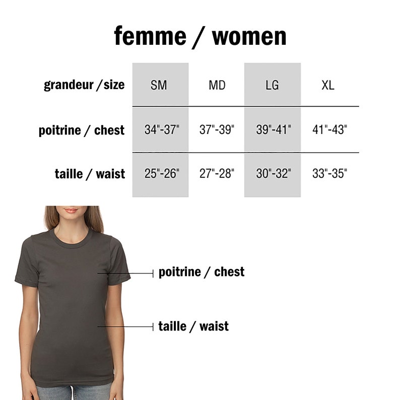 May include: Size chart for women's clothing with measurements in inches. The chart shows sizes from small to extra large, with corresponding chest and waist measurements.