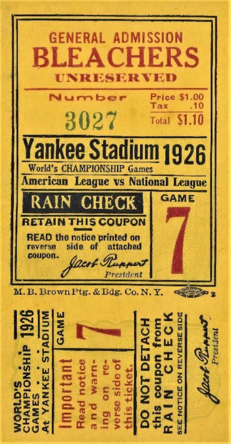 1926 new york yankees print game ticket vintage baseball etsy