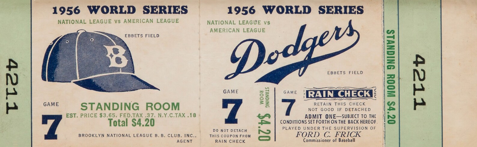 1956 brooklyn dodgers game ticket print vintage baseball