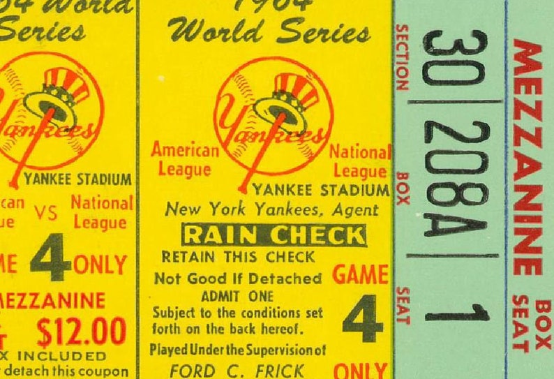 new york yankees 1964 print game ticket vintage baseball etsy