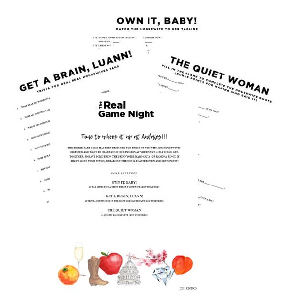 The Real Housewives Game Night, Housewives Trivia, Girls Night, Bachelorette Party Game, Trivia Night Game, TV Trivia, Housewives Game