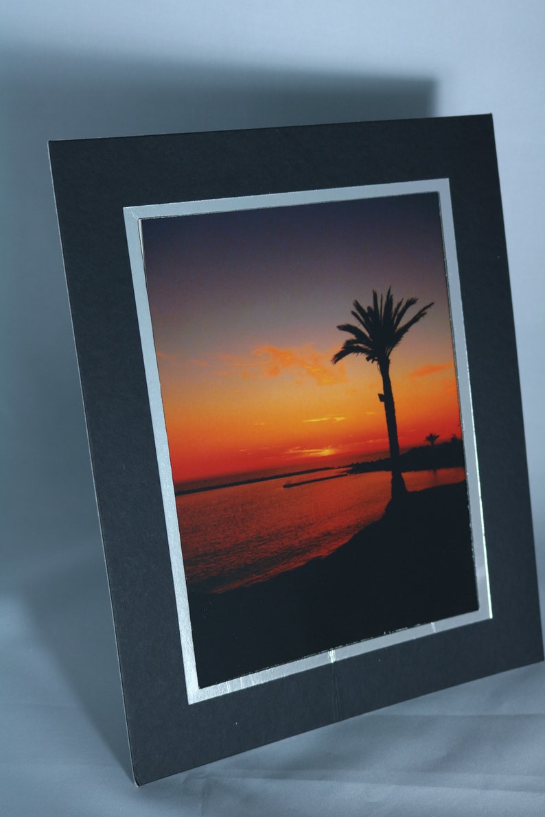 May include: A black picture frame with a silver border, showcasing a photograph of a palm tree silhouetted against a vibrant orange and red sunset over a body of water.