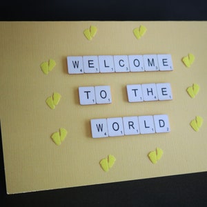 Willkommen in der Welt Karte, neue Baby Karte, Unisex Baby Karte, Neugeborene Baby Karte, Grußkarte, Baby Karten UK, Scrabble Letter Card