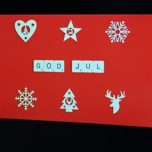 Norwegische, schwedische Weihnachtskarte, God Jul, Frohe Weihnachten, saisonale Festkarte, Scrabble Buchstabenkarte, God Julkort, Norsk Språk