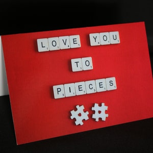 Carte Je t'aime en morceaux, jolie carte de Saint-Valentin, carte de pièces de puzzle, carte romantique je t'aime, carte de Scrabble pour femme, mari, partenaire