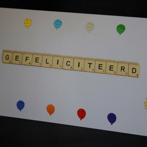 Holländische Geburtstagskarte, Gefeliciteerd, Glückwunschkarte, Nederlands Verjaardagskaart, Scrabblebuchstabe Karte, Niederländische Sprache, Wenskaart