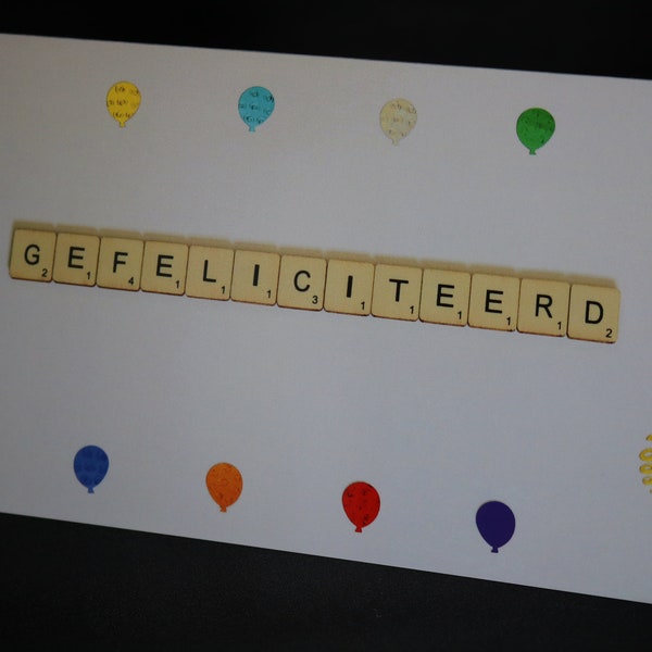 Tarjeta de cumpleaños holandesa, Gefeliciteerd, Tarjeta de felicitación, Nederlands Verjaardagskaart, Tarjeta de carta Scrabble, Idioma holandés, Wenskaart