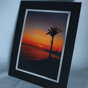 May include: A black framed photograph of a palm tree silhouetted against a sunset over a body of water.