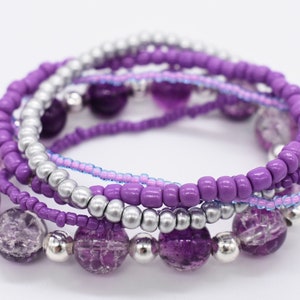 Stretch Bracelet, Gift For Her, Bracelet Stack, Purple Bracelet, Stackable Bracelet, Seed Bead Bracelet, Stretchy Bracelets, Silver Bracelet