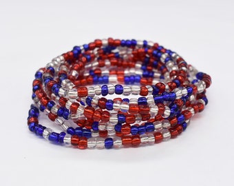 Red White Blue Beaded Stretch Bracelet Set, Patriotic USA Jewelry