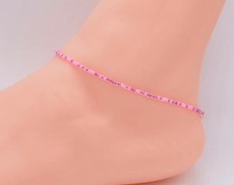 Pink Beaded Anklet, Boho Beach Style