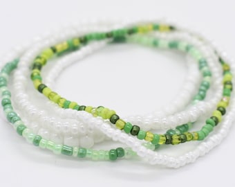 Green & White Seed Bead Stretch Bracelet Set