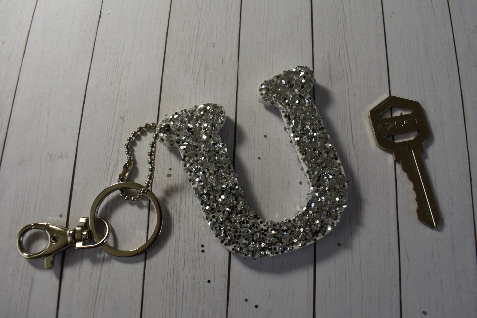 Monogram Keychain Letter U Glitter Keychain Silver Keychain Etsy