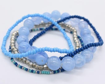 Blue Bead Bracelet Stack, Hippie Boho Jewelry, Size 7, Set of 5