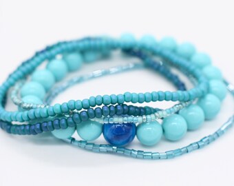 Blue Seed Bead Stretch Bracelet Stack, Size 7 (5 Piece)
