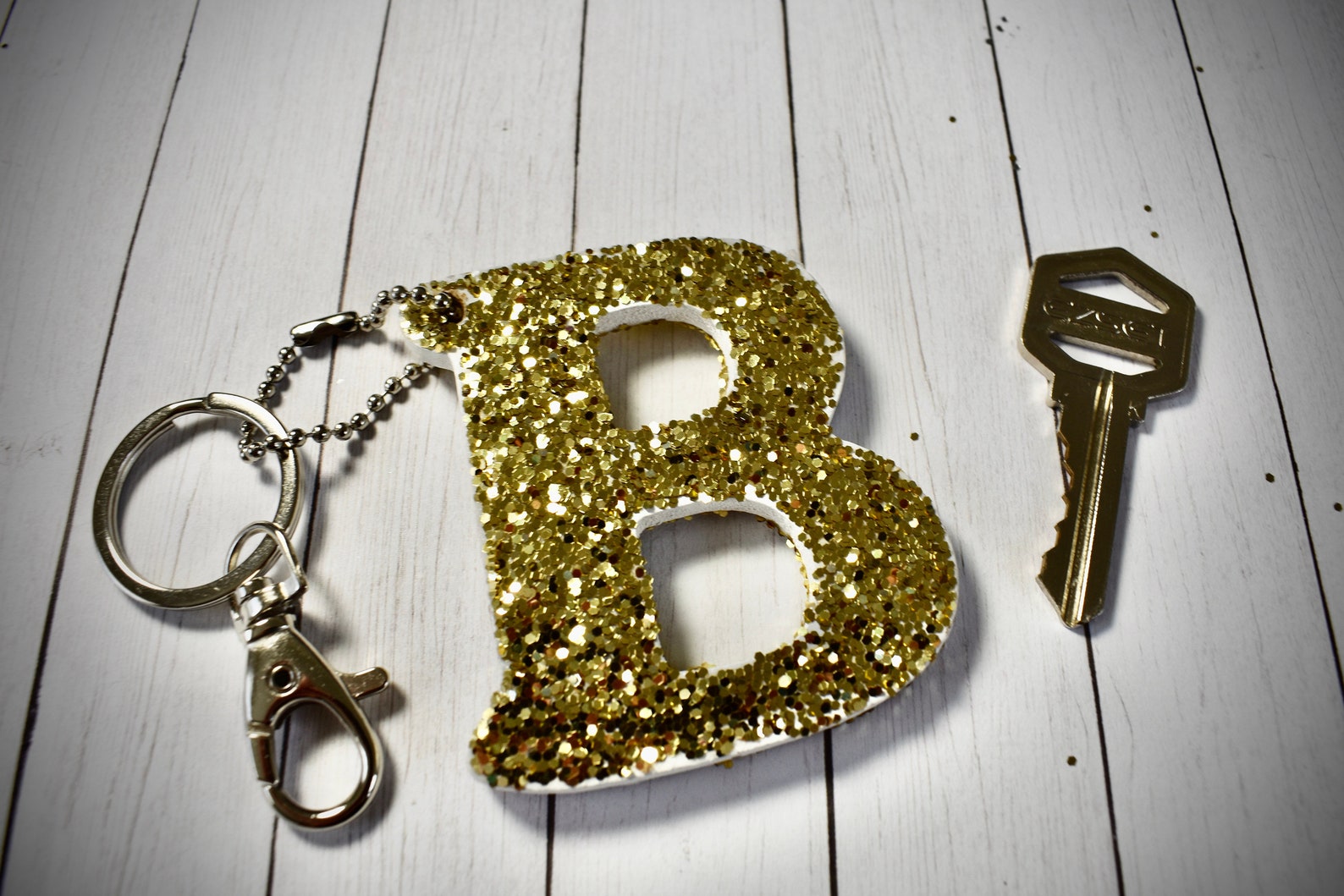 Monogram Keychain Letter B Glitter Keychain Silver Keychain Etsy