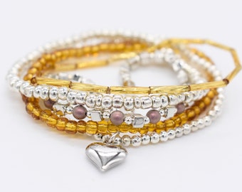 Beaded Stretch Bracelet Set, Gold Silver Seed Beads, Heart Charm