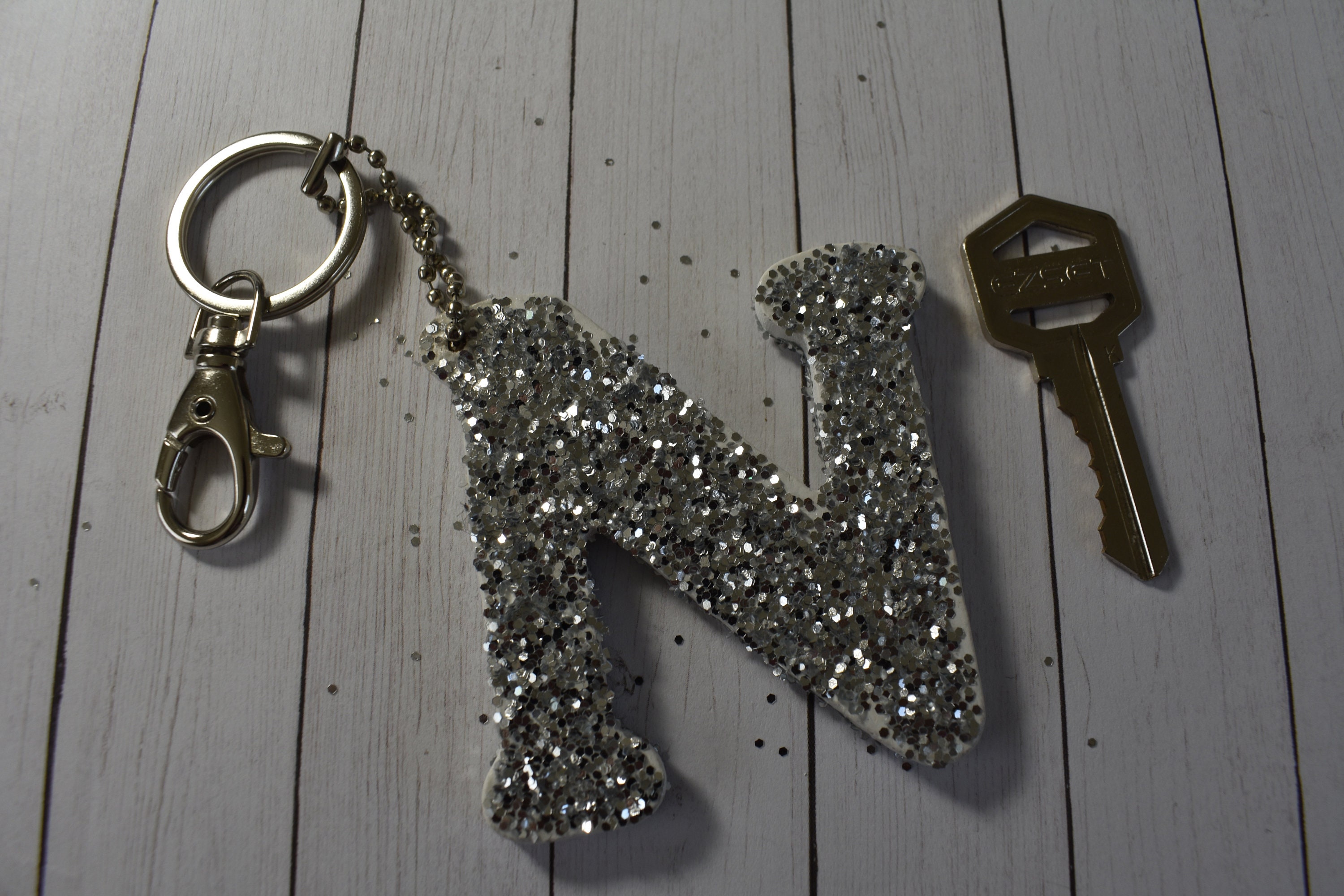 Monogram Keychain Letter N Glitter Keychain Silver Keychain Etsy