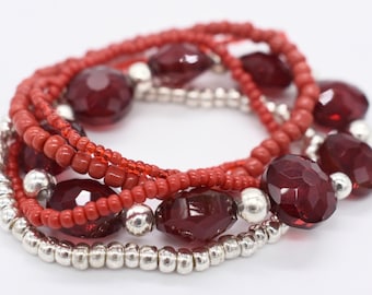 Red Seed Bead Stretch Bracelet Stack, Crystal Accents