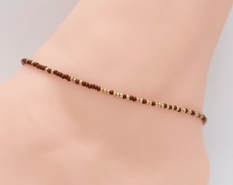 Tobillera de cuentas marrones y doradas, cuentas checas, joyería bohemia playera.