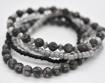 Black Gray Bracelet Stack Set of 5, Neutral Beaded Stretch Bracelets, Handmade Jewelry Gift