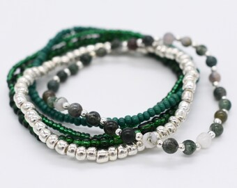 Green Seed Bead Bracelet Set, Stone Accents, Stackable Stretch Bracelets