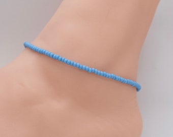 Blue Seed Bead Anklet, Boho Beach Jewelry