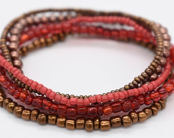 Red & Gold Beaded Stretch Bracelet Stack, Set of 5
