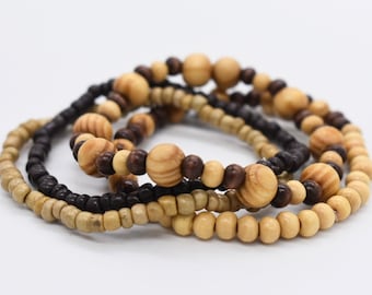 Brown Wooden Bead Bracelet Set, Stretchy Stackable Bracelets