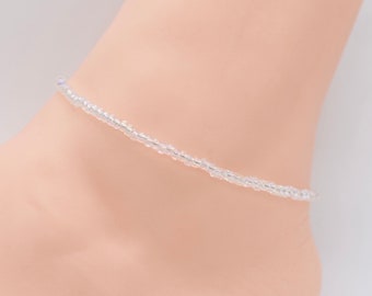 Clear Czech Glass Beaded Anklet, Silver Accents, Boho Beach Jewelry