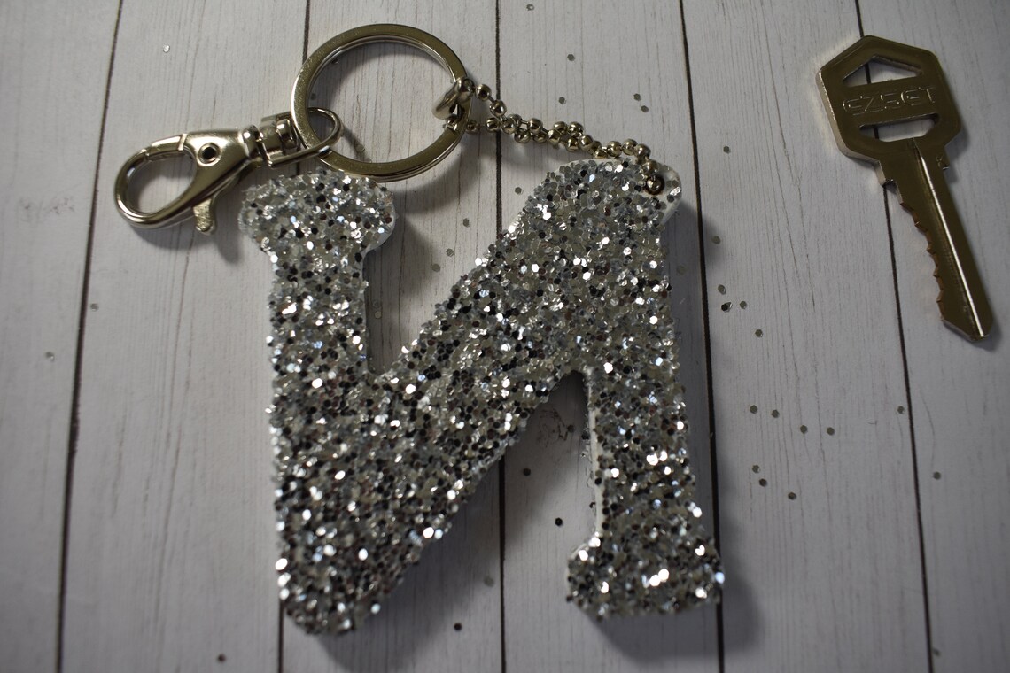 Monogram Keychain Letter N Glitter Keychain Silver Keychain Etsy