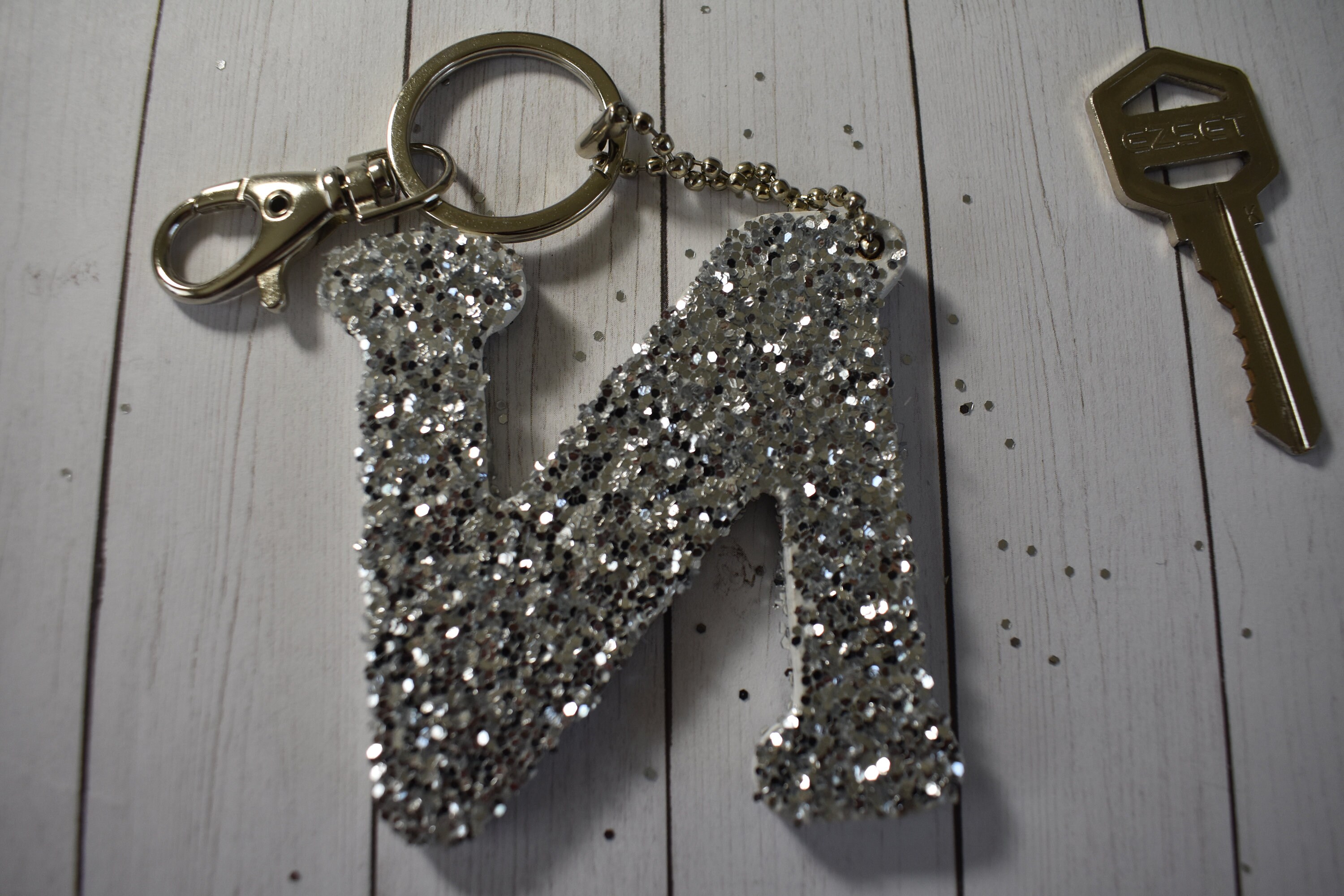 Monogram Keychain Letter N Glitter Keychain Silver Keychain Etsy