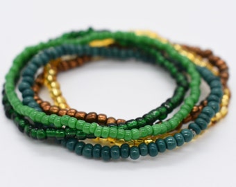 Green and Gold Seed Bead Stretch Bracelet Stack, Set of 5