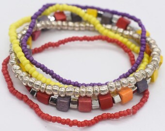 Colorful Seed Bead Bracelet Stack | Boho Silver Accent Summer Jewelry