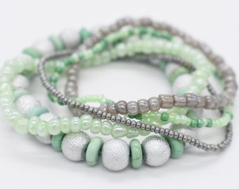 Beaded Stretch Bracelet Set, Green Gray Silver Stacking Bracelets