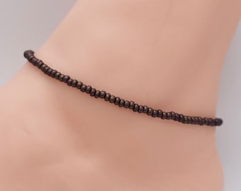 Brown Seed Bead Anklet, Silver Accents, Boho Beach Jewelry