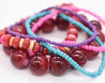 Handmade Seed Bead Stretch Bracelet Stack, Pink Purple Turquoise Summer Jewelry