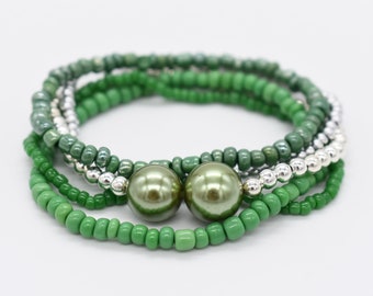 Green Beaded Bracelet Set | Handmade Boho Stackable Jewelry