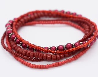 Red Seed Bead Stretch Bracelet Set, Silver Accents