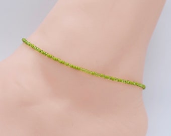 Green Seed Bead Anklet, Dainty Silver Clasp, Boho Beach Jewelry