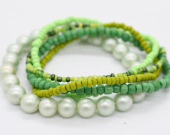 Green Seed Bead Stretch Bracelets, Set of 5