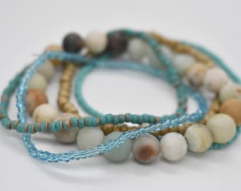 Turquoise Bracelet Stack, Aqua Seed Bead Bracelets, Coastal Beach Jewelry, Stretch Bracelets