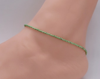 Green Beaded Anklet, Czech Glass, Boho Beach Jewelry