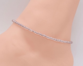 Tan Czech Seed Bead Anklet, Silver Accents, Boho Beach Jewelry