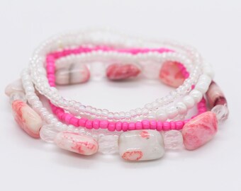 Pink & White Bead Bracelet Stack, Stretchy Bracelets Set