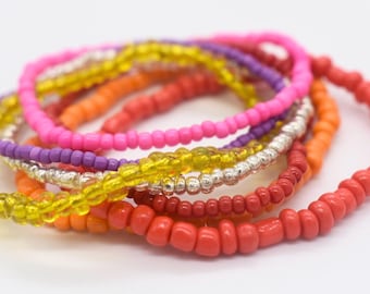 Boho Seed Bead Stackable Bracelets, Colorful Handmade Stretch Jewelry Set