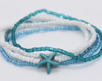 Superposition de bracelets extensibles en perles, étoile de mer turquoise, bleu et blanc (Ensemble de 5)