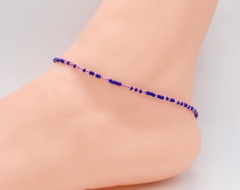 Beaded Anklet, Purple Pink Czech Glass, Boho Jewelry