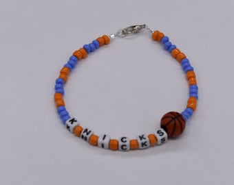 New York Knicks Bracelet, Orange & Blue Seed Bead, Basketball Charm