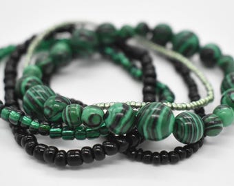 Emerald Green Black Beaded Bracelet Stack, Malachite Inspired Stretch Jewelry